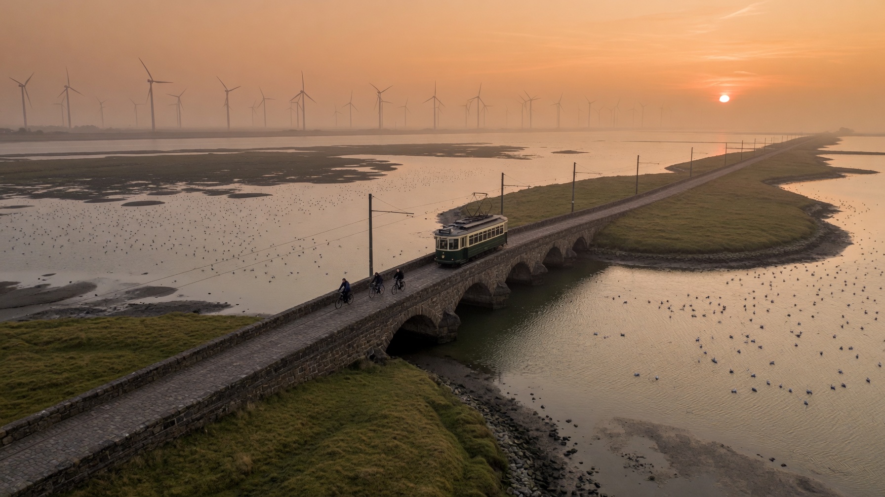 Island city with causeways and a distant suspension bridge across the North Sea