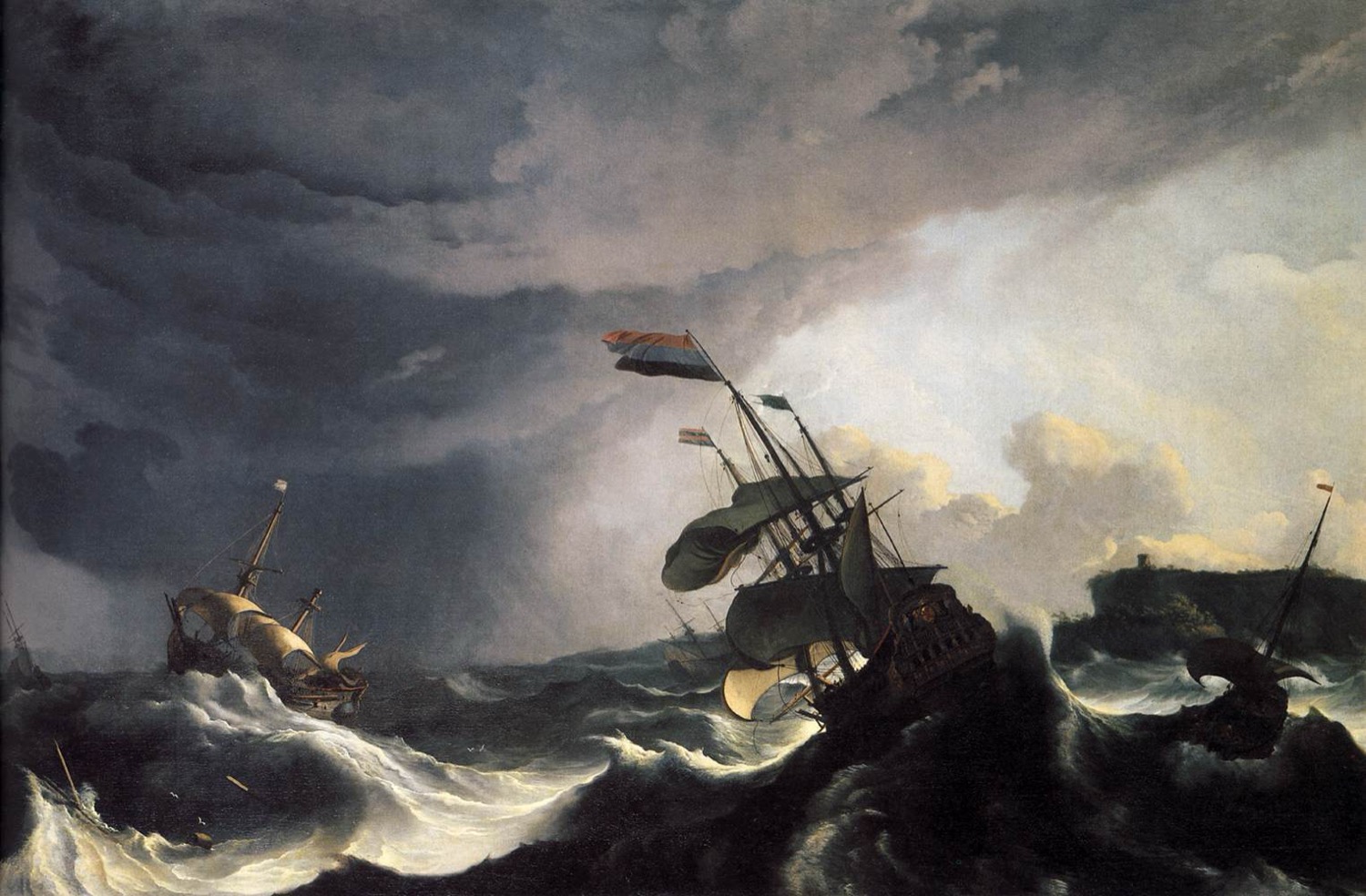 Seventeenth-century oil painting of Dutch sailing ships heeling in a heavy swell under a dark storm sky, one flying the Dutch tricolour