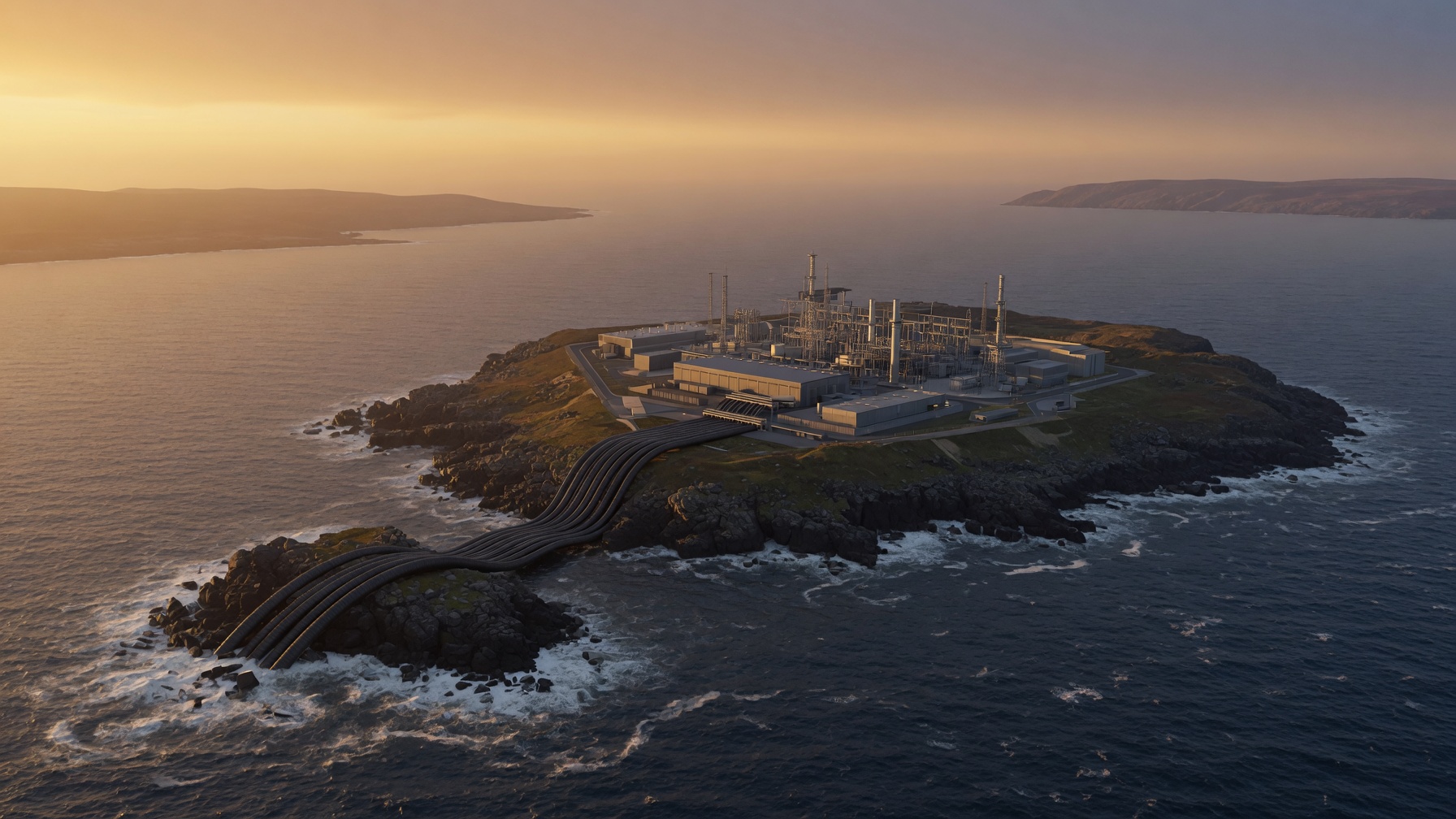 Headland power-interconnector terminal with HVDC subsea cables entering the sea toward two coastlines