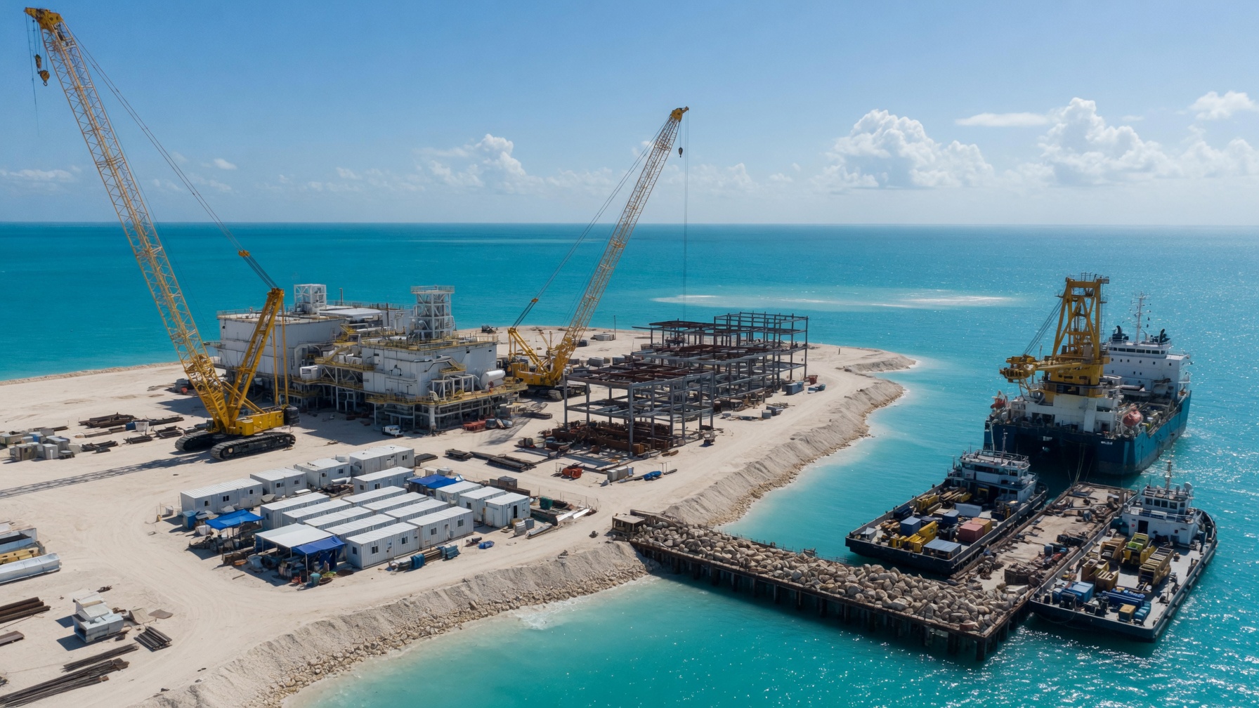 An artificial island under construction: cranes, steel framework and supply vessels raising new land from the sea