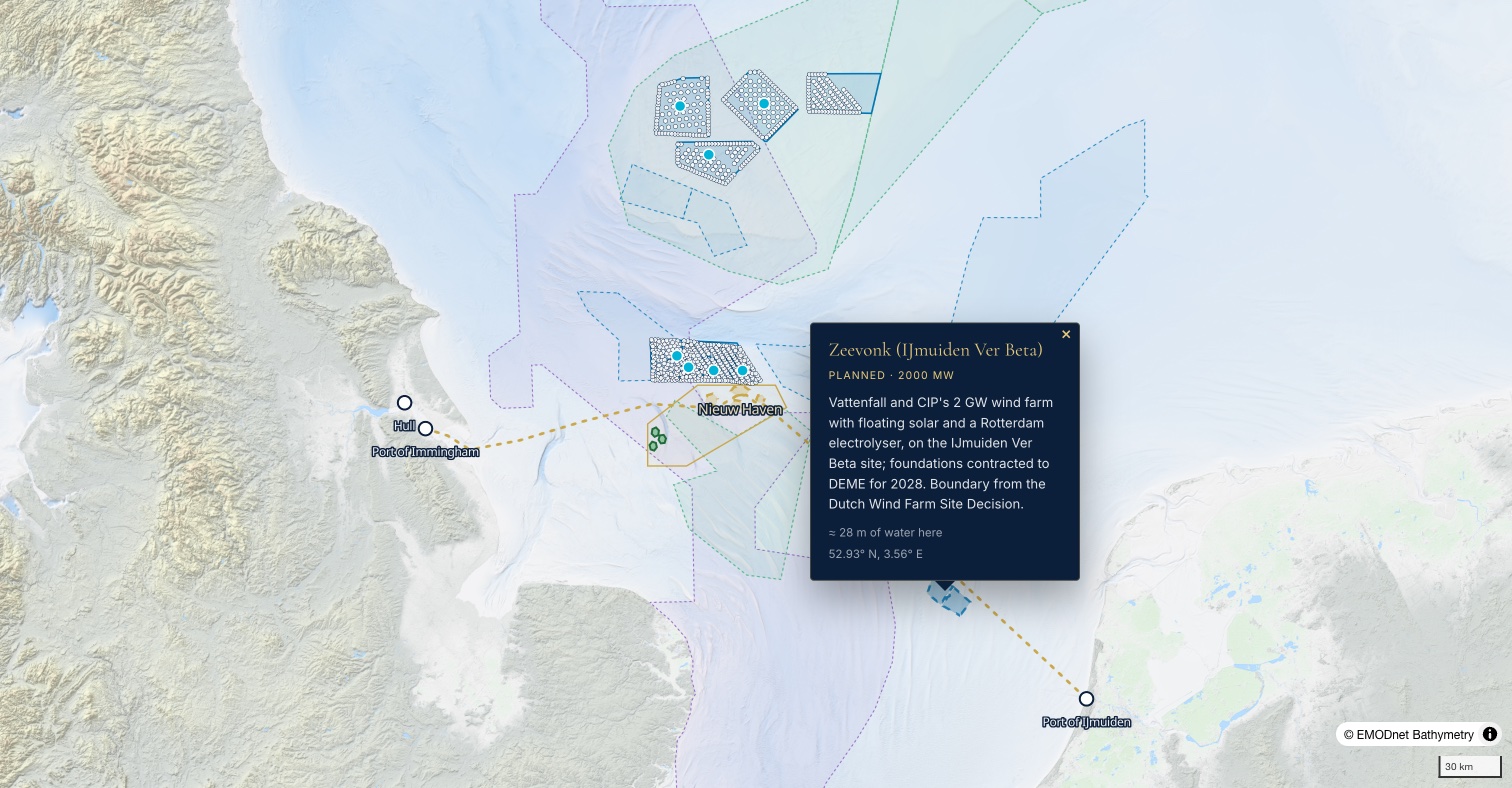 Screenshot of the Nieuw Doggerland interactive map: the gold project area and ferry routes to Immingham and IJmuiden, with the Zeevonk site's popup open over the IJmuiden ferry corridor and the larger Zoekgebied 6/7 search area to the east