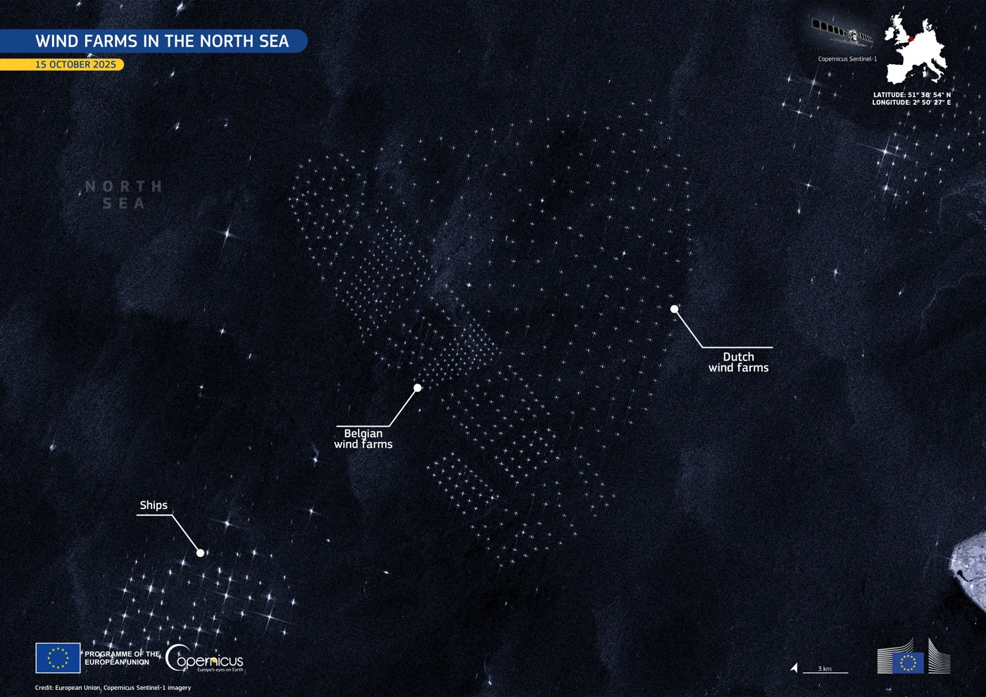 Sentinel-1 radar image of the southern North Sea at night, each wind turbine a bright point of light arranged in regular grids, with scattered ships between the farms