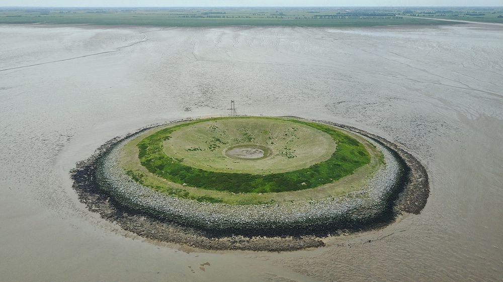 Drone photograph of Outer Trial Bank, a circular artificial island in The Wash