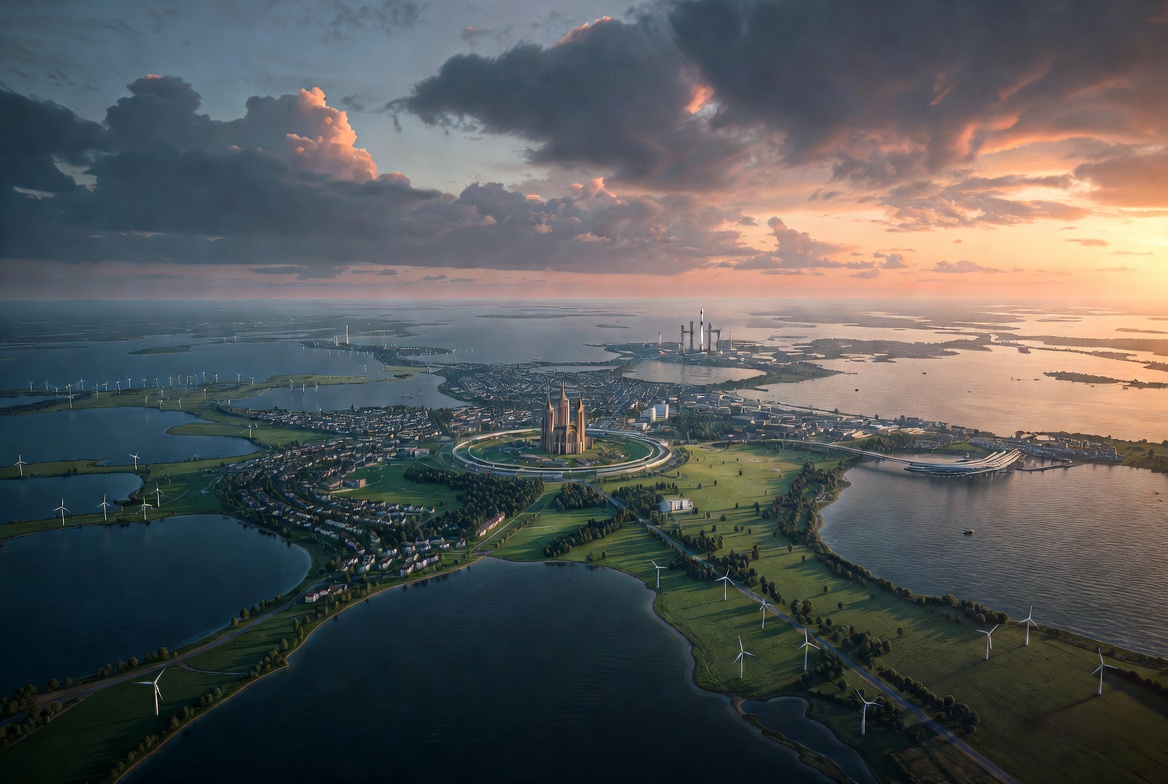 Offshore wind turbines surrounding the island panorama