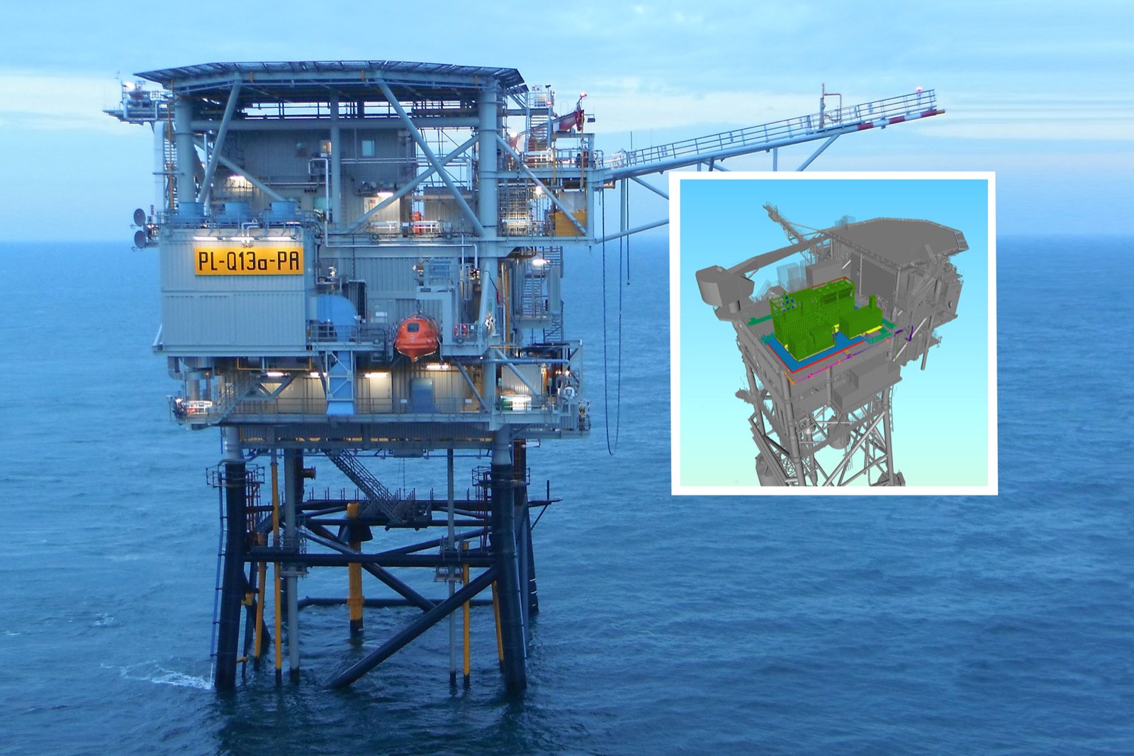 The Q13a-A platform at sea, with an inset engineering render showing the containerised hydrogen plant placed on its topsides