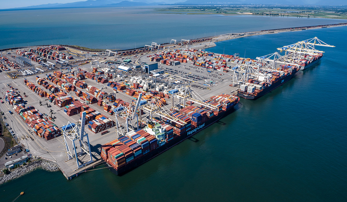 Aerial view of the Deltaport container terminal at Roberts Bank: a man-made island lined with gantry cranes, two container ships alongside