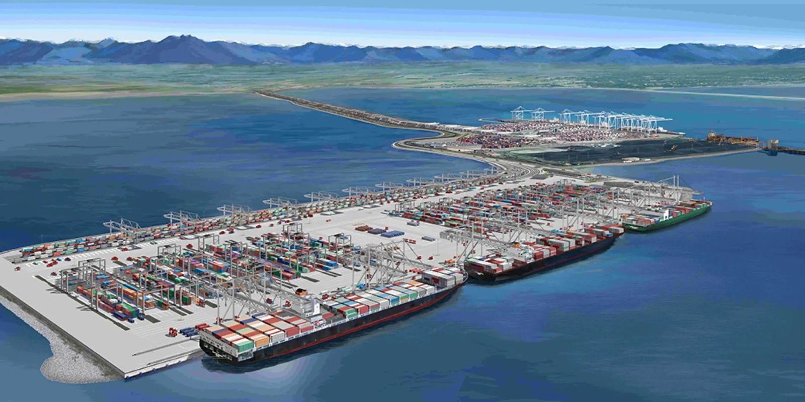 Rendering of Roberts Bank Terminal 2: a rectangular man-made island with three berthed container ships, joined by causeway to the existing twin terminals behind