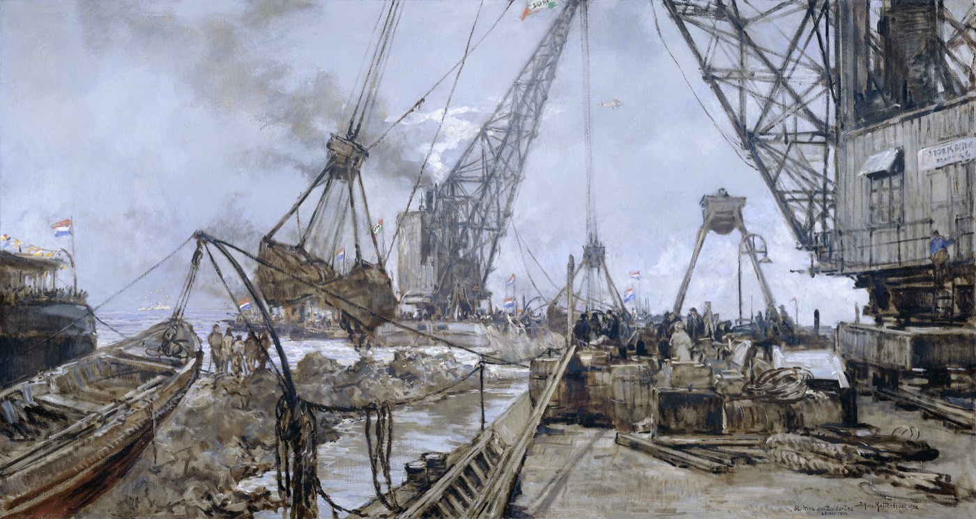 Oil painting of the closing of the Zuiderzee in 1932: floating cranes, barges and workers around the final gap in the dam, Dutch flags flying