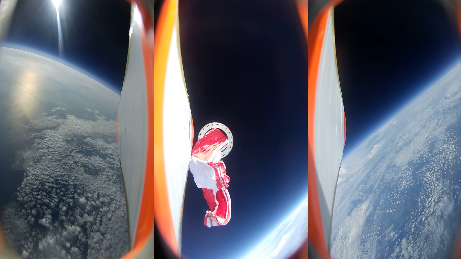 Three onboard camera views from a Perun test flight: the curvature of the Earth, the black of space, and the deployed red-and-white recovery parachute