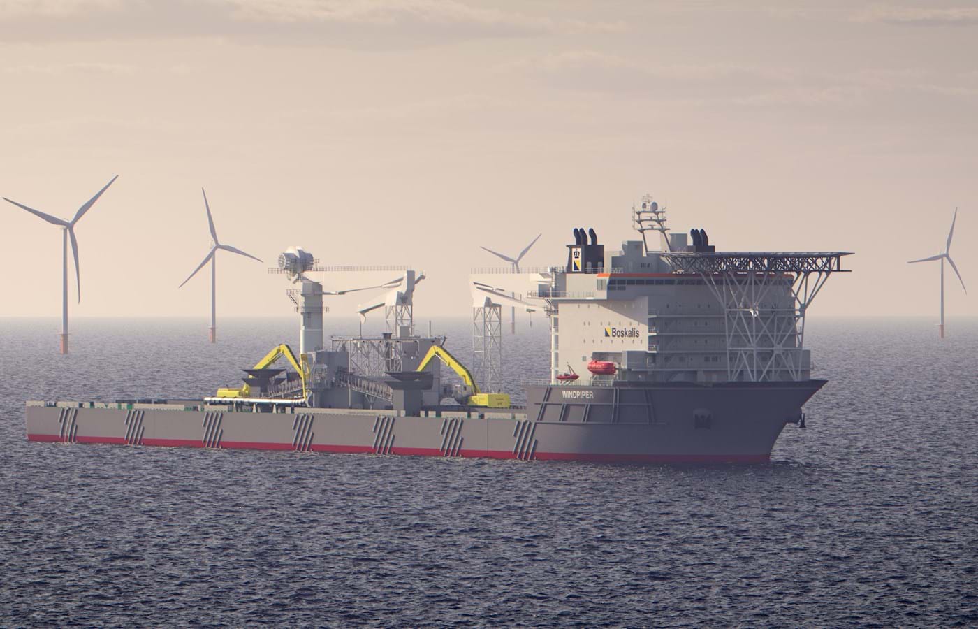 Concept render of the Windpiper installing rock on the seabed among offshore wind turbines