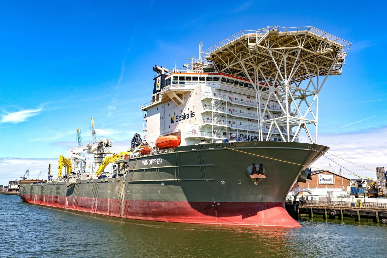 The Windpiper, Boskalis's subsea rock installation vessel, moored at the company quay in Rotterdam
